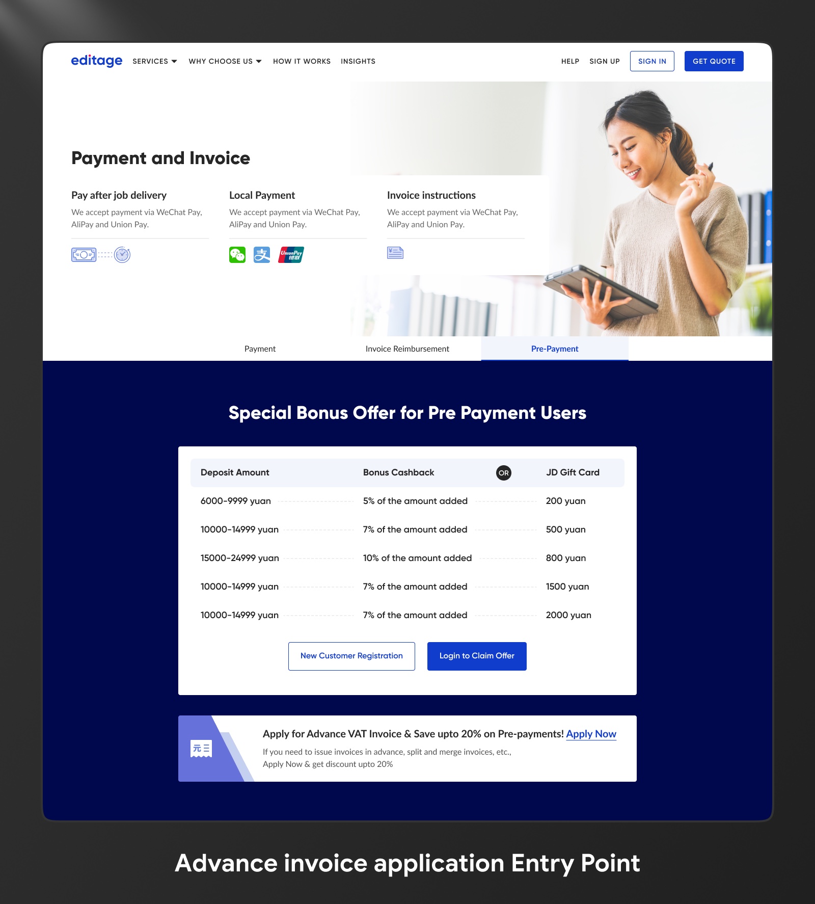 Advance invoice application entry point: a Pre-Payment tab showing a Special Bonus Offer table with deposit-amount slabs mapped to bonus cashback or JD gift-card rewards, plus New Customer Registration and Login to Claim Offer actions and an Apply for Advance VAT Invoice banner.