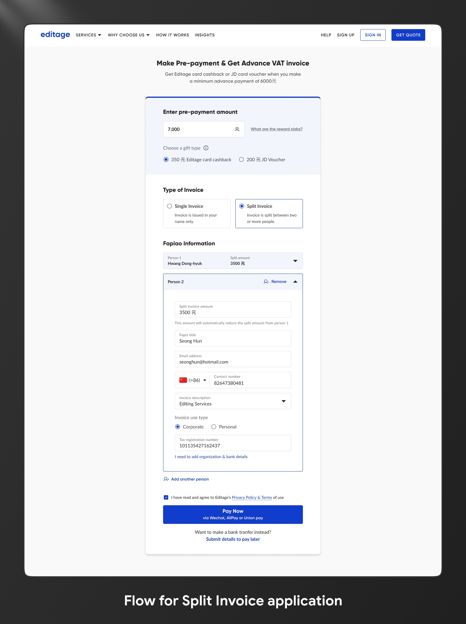 Split invoice flow: the same pre-payment form with Split Invoice selected, splitting the amount across Person 1 and Person 2, each with their own Fapiao details and an Add another person option.