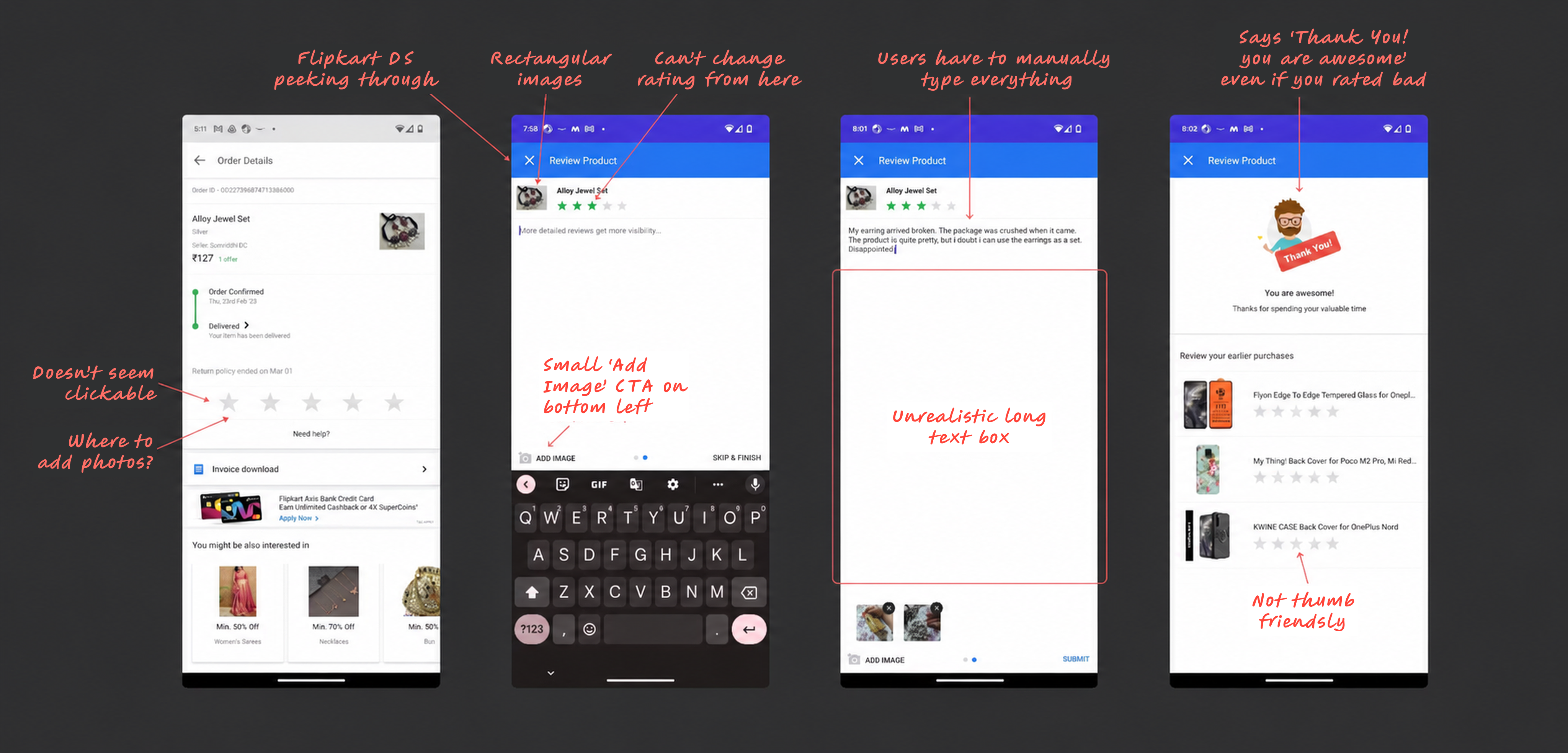 A teardown of Flipkart's legacy review flow across four annotated screens: an Order Details page where the star rating doesn't look clickable and there's no obvious place to add photos, a Review Product screen with rectangular images, a rating that can't be changed and a small bottom-left Add Image CTA, a screen forcing users to manually type everything into an unrealistically long text box, and a Thank You screen that says 'you are awesome' even for a bad rating, with a not-thumb-friendly list of earlier purchases.