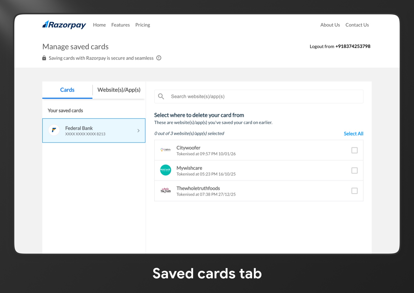 Razorpay Manage Saved Cards, Cards view: a selected Federal Bank card on the left and the list of merchants it is saved with on the right, each removable.