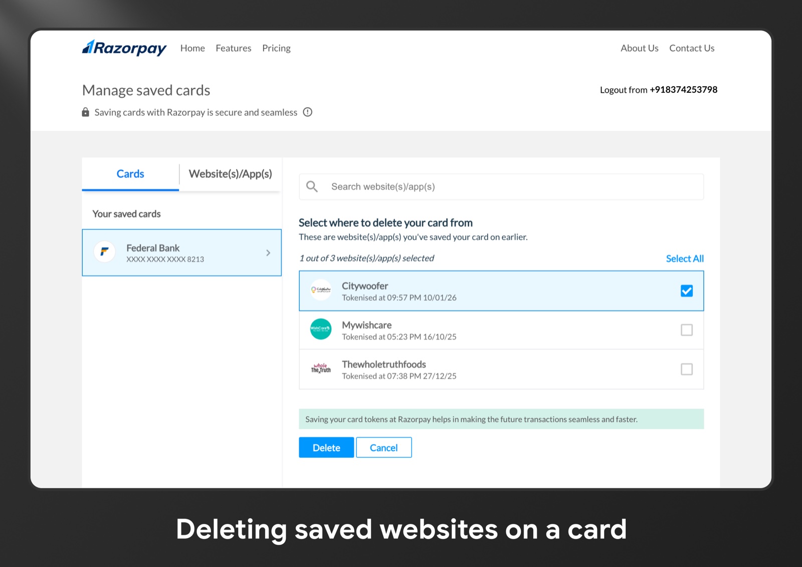 Razorpay saved cards, Cards view with a card selected and a merchant (Citywoofer) checked for deletion, showing a reassurance note and Delete and Cancel buttons.