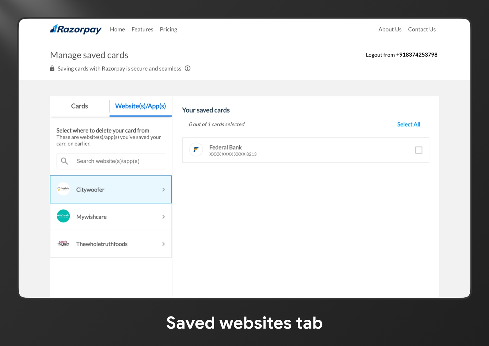 Razorpay Manage Saved Cards, Website and app view: a list of merchants on the left and the cards saved with the selected merchant on the right.